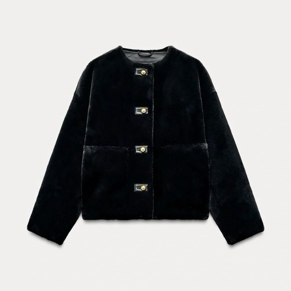 Zara black faux fur jacket with gold buttons - Picture 1 of 12